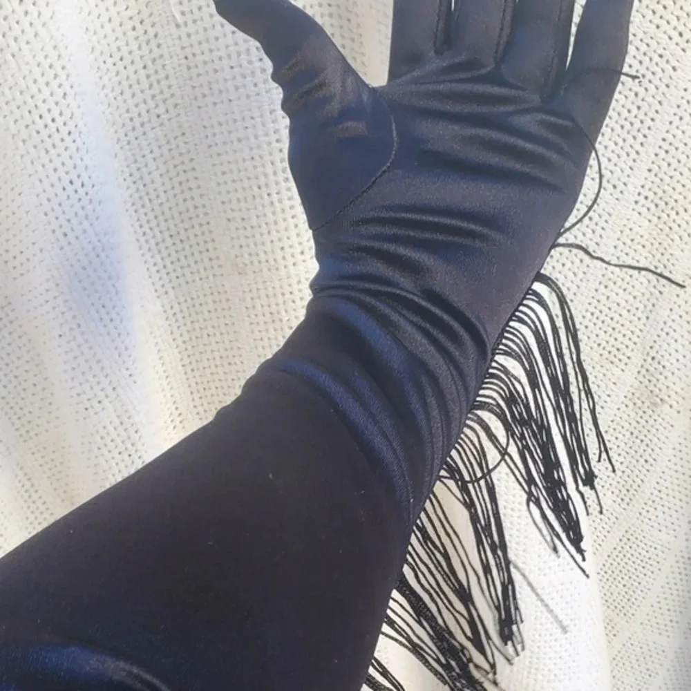 Black Satin Long Fringe‎ Gloves  NWT